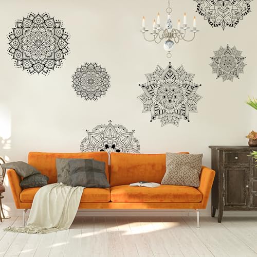 PLIGREAT 4 Bögen Großformat Schwarz Mandala Wandtattoo Vinyl Boho Blume Wandbilder Aufkleber für Wohnzimmer Schlafzimmer Sofa Hintergrund Wanddeko Yoga Studio Büro WandKunst Dekor von PLIGREAT