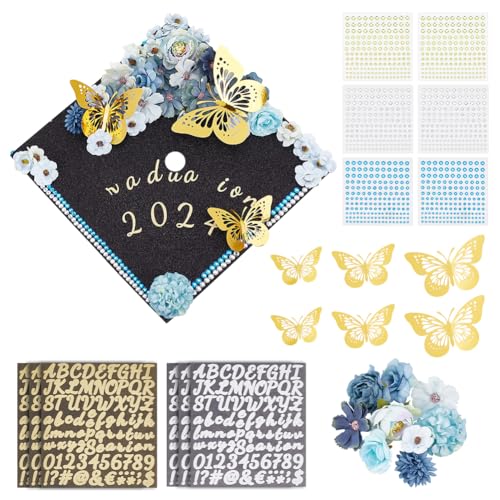 PLIGREAT 44 Pcs Abschluss Hut Aufkleber Deko Set Inklusive blaue künstliche Blumen 3D Gold Schmetterling Aufkleber Alphabet Buchstabe Aufkleber Strass Aufkleber für Grad DIY Cap Topper Geschenkidee PLIGREAT 44 Pcs Abschluss Hut Aufkleber Deko Set Inklusive blaue künstliche Blumen 3D Gold Schmetterling Aufkleber Alphabet Buchstabe Aufkleber Strass Aufkleber für Grad DIY Cap Topper Geschenkidee von PLIGREAT