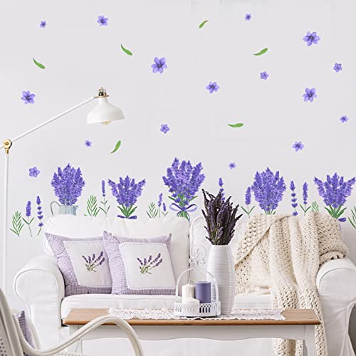 PLIGREAT 53 Stück Lavendel Wandtattoos für Wohnzimmer Schlafzimmer Lila Petals Wärme Wandkunst Dekor DIY Vinyl Lavendel Blumen Wandaufkleber, 90 x 39 cm von PLIGREAT