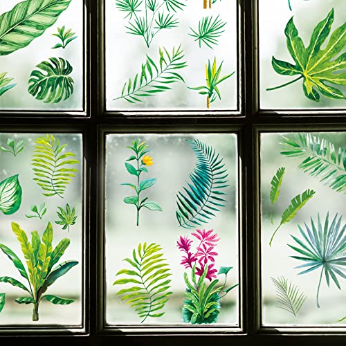 PLIGREAT 6 Bögen Grüne Dschungelblätter Selbstklebend Fensterbilder Frühling Sommer Anti-Collision Statische Fensterabziehbilder für Wohnzimmer Fensterdekoration Dusche Glas Fensterdeko von PLIGREAT