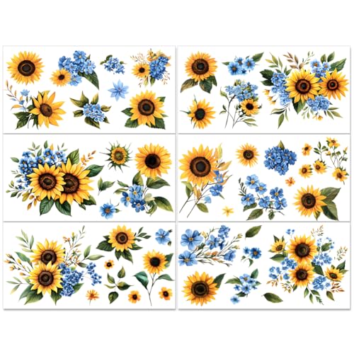 PLIGREAT 6 Stück Sonnenblumen Vögel Aufkleber Zum Aufreiben Bögen Für Möbel Aquarell Blumenstil Wasserdicht UV DTF Transfer Aufkleber Für Holzkommoden Keramikhandwerk DIY Dekorative Aufkleber von PLIGREAT