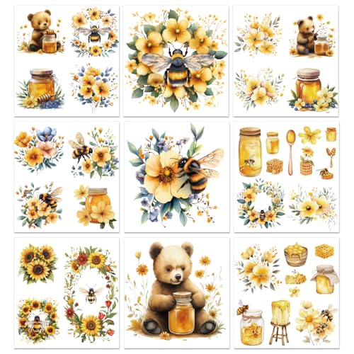 PLIGREAT 9 Blätter Rub auf Transfers für Kunsthandwerk, Honig Biene Thema Rub auf Transfer Aufkleber Bär Blumen Möbel Abziehbilder für Holz Kommoden Schrank Glas Porzellan Scrapbook DIY Home Decor von PLIGREAT