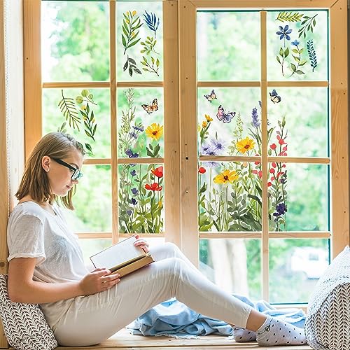 PLIGREAT 9 Blatt Grüne Blätter Wildblumen Büsche Fensteraufkleber Statische Fensterabziehbilder Abnehmbare Fensteraufkleber für Haus Küche Wohnzimmer Balkon Innenraum Fensterdekoration von PLIGREAT