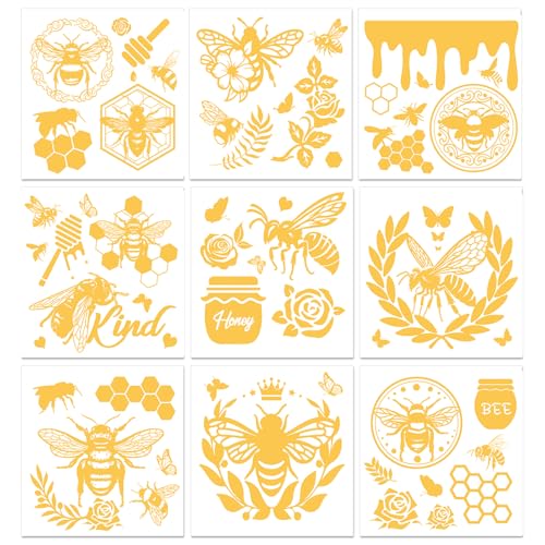 PLIGREAT 9 Blatt Rub on Transfers für Kunsthandwerk und Möbel Gold Bee Waterproof UV DTF Transfer Aufkleber für Holz Keramik Glas Porzellan Kunsthandwerk DIY Dekorative Transfer Aufkleber, 15x15 cm von PLIGREAT