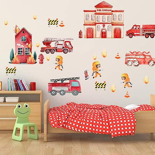 PLIGREAT Aquarell Feuerwehrauto Wandaufkleber Karikatur Feuer Gebäude Wandtattoo Coole Feuerwehrmann Thema Wandaufkleber für Jungen Schlafzimmer Spielzimmer Kinderzimmer Geburtstagsgeschenk von PLIGREAT