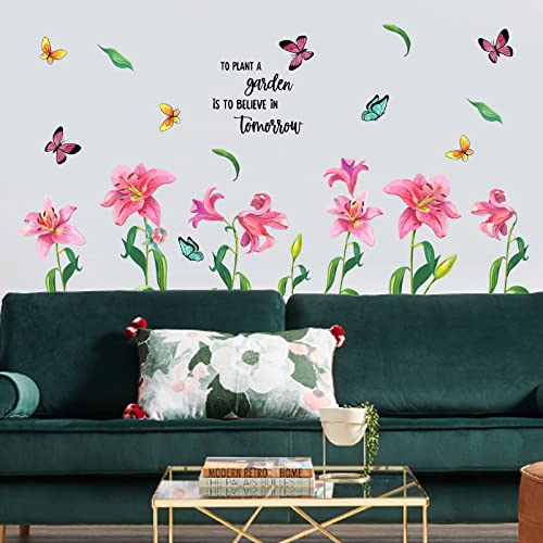 PLIGREAT Aquarell Lilie Wandtattoo für Wohnzimmer Schlafzimmer Büros Arbeitszimmer Hintergrund Wanddeko Blume Schmetterling Wandaufkleber, Abnehmbare Zuhause Wandkunst Aufkleber, 90 x 39 cm von PLIGREAT