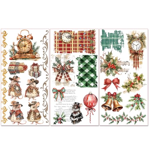 PLIGREAT Aquarell Weihnachten Elemente reiben auf Transfer Bogen Weihnachten Plaid Retro Maus Aufkleber reiben auf Transfer für Möbel Weihnachtsfest Geschenk dekorative Aufkleber Scrapbook Dekor von PLIGREAT