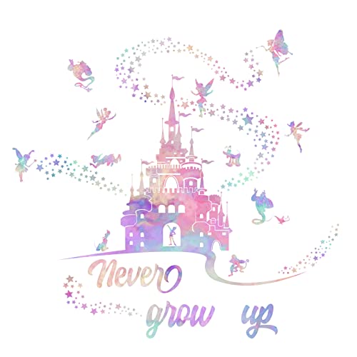 PLIGREAT Bunte Schloss Wandtattoo für Mädchen Schlafzimmer Wohnzimmer Spielzimmer Rosa Fee Schloss Sterne Wandbilder Aufkleber Never Grow Up Zitate Kinderzimmer Wandkunst Dekor von PLIGREAT