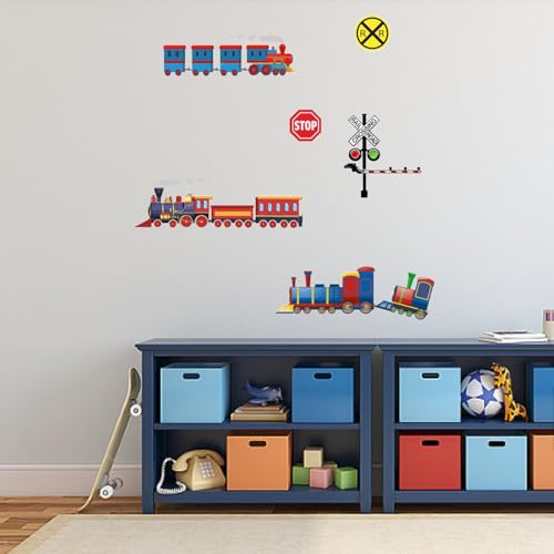 PLIGREAT Bunte Zug Wandtattoo Abnehmbare Eisenbahn Überqueren Zeichen Wandtattoos Cool Trainhead Wandtattoos Für Jungen Schlafzimmer Spielzimmer Kinderzimmer Cartoon Zug Spiel Theme Aufkleber von PLIGREAT