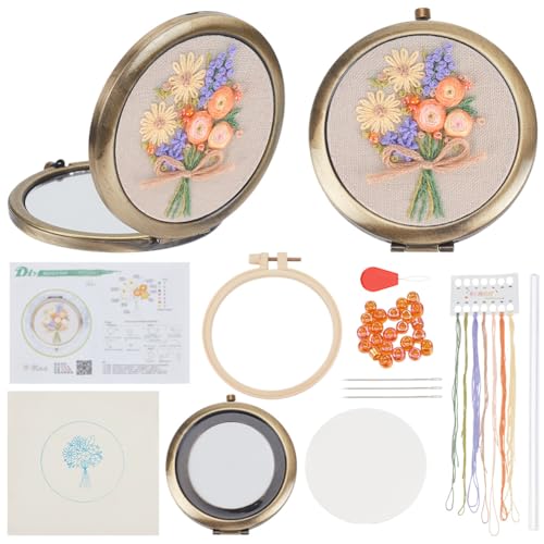PLIGREAT DIY Spiegel Stickset Kreuzstich Spiegel Set Mit Gänseblümchen Blumenstempel Florale Stickerei Handspiegel Für Anfänger Tragbare Runde Kompaktspiegel DIY Bastelgeschenk Für Frauen von PLIGREAT