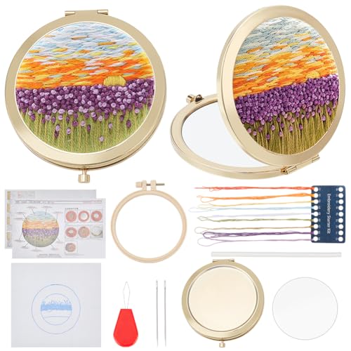 PLIGREAT DIY Stickerei Spiegel Kit Tulpen gestempelt Kreuzstich Spiegel Kit Blumen Spiegel Stickerei für Anfänger Vintage Tragbarer runder Spiegel Metall Compact Spiegel Crafts Geschenk für Frauen von PLIGREAT