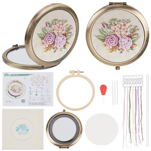 PLIGREAT DIY Stickerei Spiegel Set Lila Floral Gestempelt Kreuzstich Spiegel Set Für Anfänger Mit Anleitung Tragbarer Vintage Handspiegel Bastelgeschenk Für Frauen von PLIGREAT