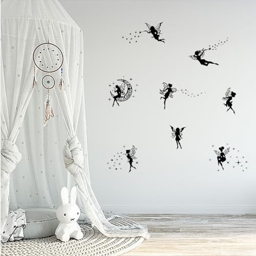 PLIGREAT Fee Elfe Wandaufkleber Schwarze Fee Silhouetten Abnehmbare Wandtattoos Fee auf Mond und Sterne Wandaufkleber für Schlafzimmer Kinderzimmer Kühlschrank Home Indoor Wandkunst Dekoration von PLIGREAT