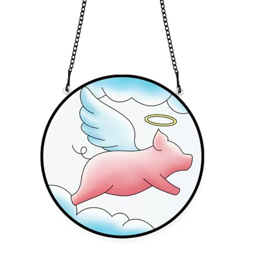 PLIGREAT Fliegendes Schwein Gebeiztes Fenster Wandkunst Hängendes Ornament Bunt Bemaltes Acrylglas Kunsttafel Handwerk Sonnenfänger für Gartenhaus Innen- und Außenhängedekorationen Einweihungsgeschenk von PLIGREAT