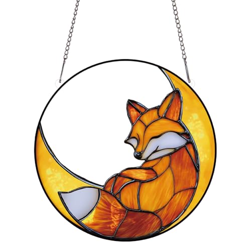 PLIGREAT Fox Moon Acryl-Sonnenfänger, niedlicher Fuchs-Fenster-Wandbehang, Ornament, bemalt, bunt, Kunst, Handwerk, Sonnenfänger für Garten, Zuhause, Outdoor, Hängedekoration, Frauengeschenk von PLIGREAT