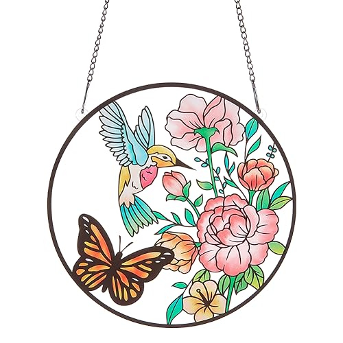 PLIGREAT Kolibri-Schmetterling Gebeizter Sonnenfänger Fenster Kunstbehang Ornament, Handbemalte Bunte Blumen Acrylglasscheibe Kunsthandwerk Garten-Sonnenfänger Für Heimdekoration Einweihungsgeschenk von PLIGREAT