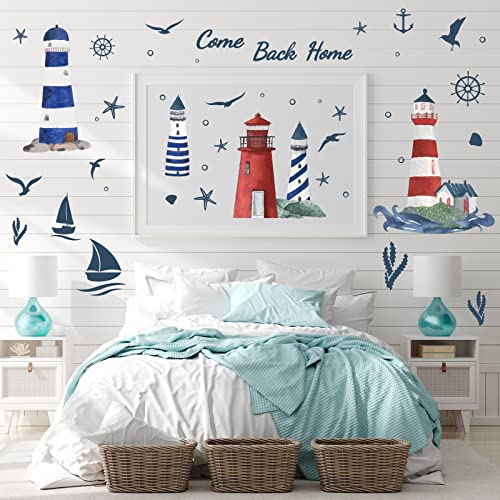 PLIGREAT Leuchtturm Wandtattoo Maritimes Abenteuer Thema für Jungen-Schlafzimmer Dekoration Segelboot Möwen Wandsticker DIY Kinderzimmer Wohnzimmer Büro Schlafzimmer Kunst Wandbild Aufkleber von PLIGREAT