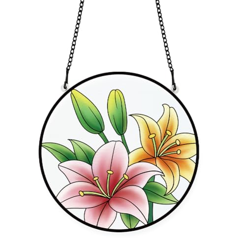 PLIGREAT Lilie gebeizte Fensterwandkunst hängendes Ornament Bunte Blumen bemalte Acrylglasplatte Handwerk Garten Sonnenfänger für zu Hause drinnen und draußen hängende Dekoration Einweihungsgeschenke von PLIGREAT