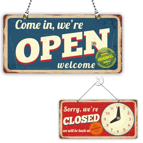 PLIGREAT Open Closed Schild für Shop Vintage Stamp Style We Are Open Schilder Doppelseitige Geschäftszeiten Holzschild Plakette für Einzelhandelsgeschäft Bar Bäckerei Schaufenster von PLIGREAT