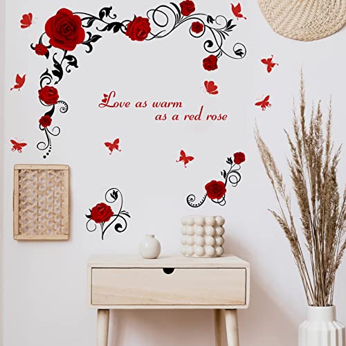 PLIGREAT Rote Rose Wandaufkleber für Wohnzimmer Sofa Hintergrund TV Wanddekoration Rose Blume mit Schwarzer Rebe Schmetterling Wandtattoo Abnehmbare DIY Art Decor von PLIGREAT