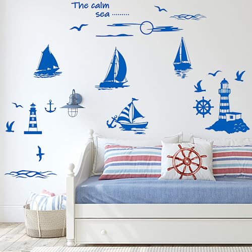 PLIGREAT Segelboote Leuchtturm Wandtattoos, Blaue Möwen Wandaufkleber Für Kinderzimmer Schlafzimmer Spielzimmer Wohnzimmer Wanddekorationen Home Indoor Wandkunst Dekor Fenster Dekor von PLIGREAT