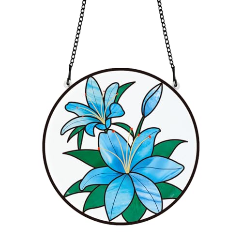 PLIGREAT Sonnenfänger Blaue Lilie Blumen Acryl Glasmalerei Sonnenfänger Sommer Terrasse Garten Hängende Baum Ornamente für Wohnzimmer Schlafzimmer Spielzimmer Fenster Dekoration Gedenkgeschenke von PLIGREAT