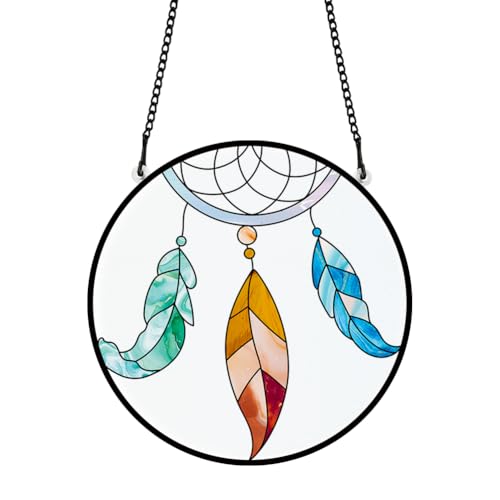 PLIGREAT Sonnenfänger Feder Traumfänger Acryl Glasmalerei Sonnenfänger Sommer Terrasse Garten Hängende Baum Ornamente für Wohnzimmer Schlafzimmer Spielzimmer Fenster Dekoration Gedenkgeschenke von PLIGREAT