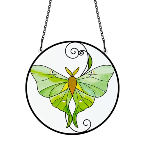 PLIGREAT Sonnenfänger Grün Luna Motte Acryl Glasmalerei Sonnenfänger Sommer Terrasse Garten Hängende Baum Ornamente für Wohnzimmer Schlafzimmer Spielzimmer Fenster Dekoration Gedenkgeschenke von PLIGREAT
