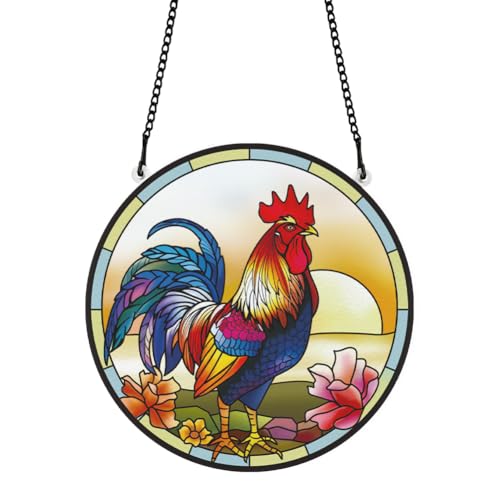 PLIGREAT Sonnenfänger Hahn Huhn Acryl Glasmalerei Sonnenfänger Sommer Terrasse Garten Hängender Baum Ornament für Bauernhaus Küche Fenster Dekoration Wandkunst Dekor Einweihungs-Gedenkgeschenk von PLIGREAT