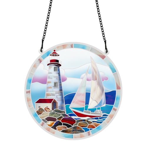 PLIGREAT Sonnenfänger Leuchtturm Segelboot Acryl Glasmalerei Sonnenfänger Sommer Terrasse Garten Hängende Baum Ornamente für Wohnzimmer Schlafzimmer Spielzimmer Fenster Dekoration Gedenkgeschenke von PLIGREAT