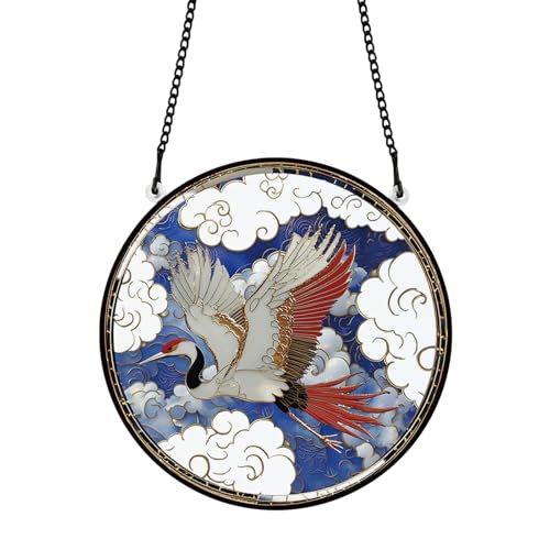 PLIGREAT Sonnenfänger Mit Kranich Motiv Wolken Sonnenfänger Aus Acrylglas Japanischer Baumschmuck Zum Aufhängen Für Terrasse Und Garten Für Wohnzimmer Schlafzimmer Spielzimmer Fensterdekoration von PLIGREAT