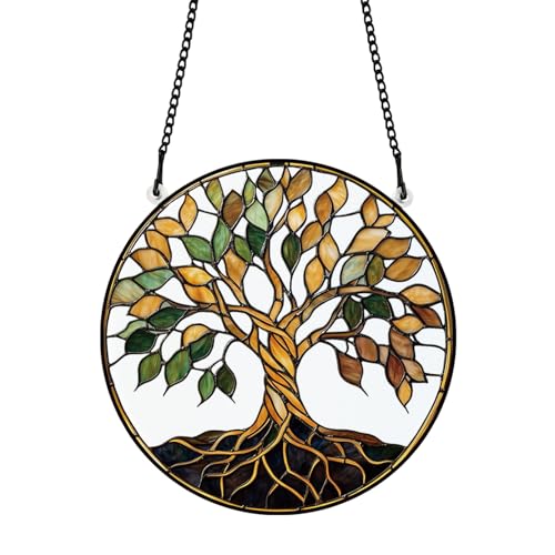 PLIGREAT Sonnenfänger Mit Lebensbaum Motiv Gebeizt Sonnenfänger Aus Acrylglas Goldener Baum Für Terrasse Und Garten Hängender Baumschmuck Für Wohnzimmer Schlafzimmer Spielzimmer Fensterdekoration von PLIGREAT
