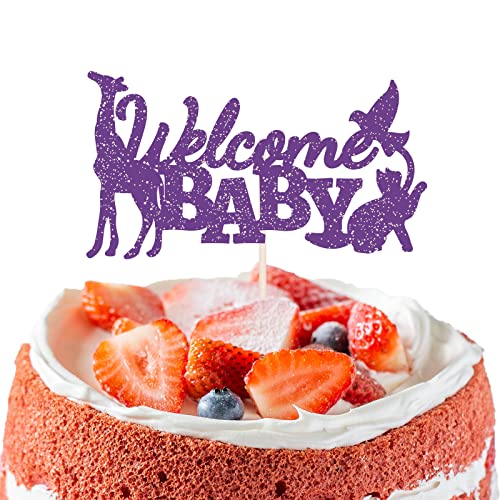 PLIGREAT Welcome Baby Cake Topper, Lila Glitzer-Kuchen-Deckel, Baby Shower Cake Topper Für Neugeborene Dschungel Wild Safari Animal Party Dekorationen Lieferungen von PLIGREAT