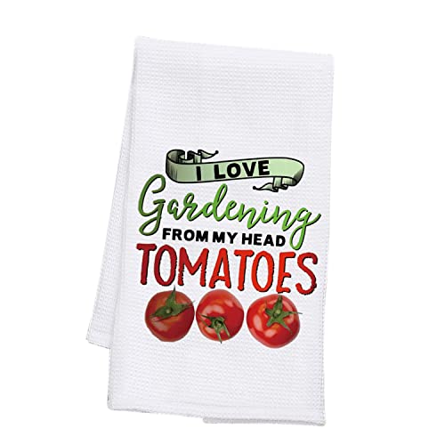 PLITI Lustiges Tomaten-Küchenhandtuch Gärtner Geschenk Pflanzenliebhaber Geschirrtuch I Love Gardening From My Head Tomaten Geschirrtuch (Gartenarbeit Tomaten TWU) von PLITI