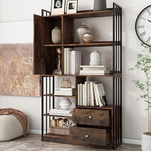 Bücherregal 170cm mit Türen und 2 Schrank Regal mit 6 Bücherschrank 6 Offene Fächer Würfelregal für Wohnzimmer, Arbeitszimmer, Büro, eichenfarben, Marmoriert mit Goldrahmen, 100x30x170 (Holzoptik) Bücherregal 170cm mit Türen und 2 Schrank Regal mit 6 Bücherschrank 6 Offene Fächer Würfelregal für Wohnzimmer, Arbeitszimmer, Büro, eichenfarben, Marmoriert mit Goldrahmen, 100x30x170 (Holzoptik) von PLLBIKK