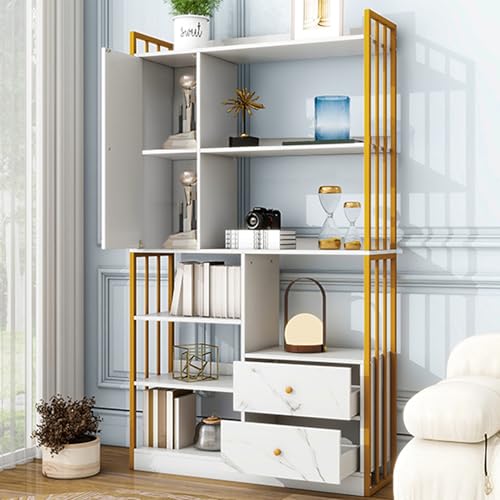 PLLBIKK Bücherregal 170cm mit Türen und 2 Schrank Regal mit 6 Bücherschrank 6 Offene Fächer Würfelregal für Wohnzimmer, Arbeitszimmer, Büro, eichenfarben, Marmoriert mit Goldrahmen, 100x30x170 (Weiß) PLLBIKK Bücherregal 170cm mit Türen und 2 Schrank Regal mit 6 Bücherschrank 6 Offene Fächer Würfelregal für Wohnzimmer, Arbeitszimmer, Büro, eichenfarben, Marmoriert mit Goldrahmen, 100x30x170 (Weiß) von PLLBIKK