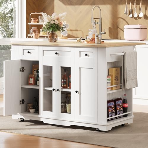 PLLBIKK Kücheninsel, Küchenschrank 150 x 85 x 90 cm mit Arbeitsplatte und Rollen, Kaffeeschrank Buffetschrank mit Klappbarer Tischplatte Küchenwagen mit Tür aus Gehärtetem Glas, Weiß PLLBIKK Kücheninsel, Küchenschrank 150 x 85 x 90 cm mit Arbeitsplatte und Rollen, Kaffeeschrank Buffetschrank mit Klappbarer Tischplatte Küchenwagen mit Tür aus Gehärtetem Glas, Weiß von PLLBIKK