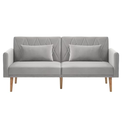 PLLBIKK Schlafcouch, Couch 180cm mit Schlaffunktion, Klappsofa mit Hilfsfüßen und 3-Fach Verstellbare Rückenlehneaus Bettcouch mit 2 Kissen fürs Wohnzimmer, Schlafzimmer, Samt,(Grau) von PLLBIKK