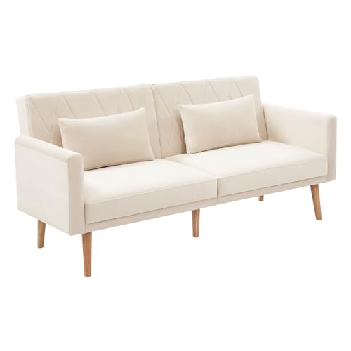 PLLBIKK Schlafcouch, Couch 180cm mit Schlaffunktion, Klappsofa mit Hilfsfüßen und 3-Fach Verstellbare Rückenlehneaus Bettcouch mit 2 Kissen fürs Wohnzimmer, Schlafzimmer, Samt, Beige (Beige) von PLLBIKK
