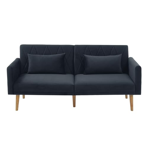PLLBIKK Schlafcouch, Couch 180cm mit Schlaffunktion, Klappsofa mit Hilfsfüßen und 3-Fach Verstellbare Rückenlehneaus Bettcouch mit 2 Kissen fürs Wohnzimmer, Schlafzimmer, Samt, Beige (Schwarz) von PLLBIKK