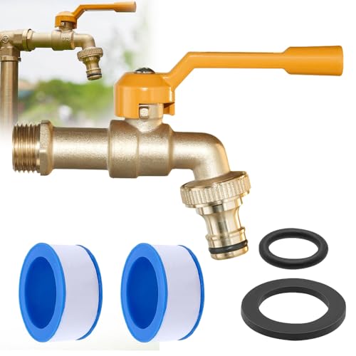 PLLYPE Wasserhahn für Regentonne, Garten Messing Kugelhahn Frostsicher -20℃, High Temperature Resistance 120℃, 1/2 Zoll Wasserhahn Garten mit 2 Trommeldichtband für Garten Waschmaschine Regentonne von PLLYPE