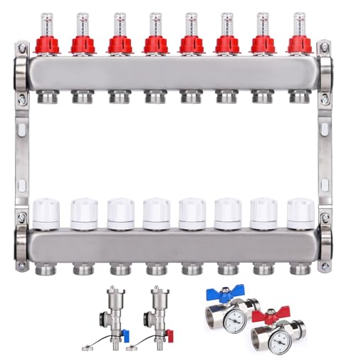 Edelstahl Heizkreisverteiler für Fußbodenheizung [8 Fach, Entlüfter 1/2", 2X Kugelhähne 1"] Verteiler mit Durchflussanzeiger (0.5-5 L/Min) und Thermometer, Anschlüsse für Eurokonus 3/4" von PLODAXE