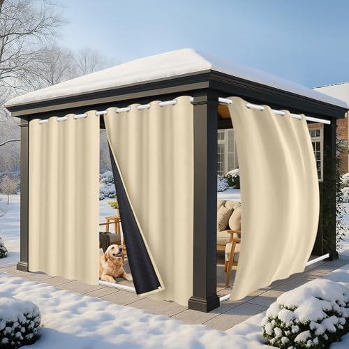 PLODAXE 2er Set Dicke Thermovorhang Kälteschutz Outdoor Vorhang Wetterfest mit ösen, Thermo Vorhang Gegen Kälte Outdoorvorhänge, Wärmeschutzvorhang für Terrasse Garten Balkon(H213 x B132 cm, Beige) von PLODAXE