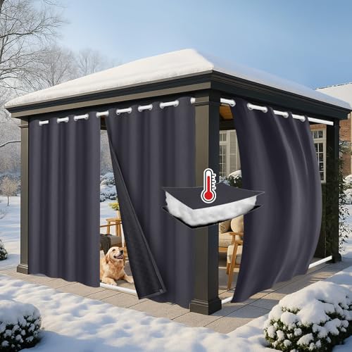 PLODAXE 2er Set Dicke Thermovorhang Kälteschutz Outdoor Vorhang Wetterfest mit ösen, Thermo Vorhang Gegen Kälte Outdoorvorhänge, Wärmeschutzvorhang für Terrasse Garten Balkon(H213 x B132 cm, Grau) von PLODAXE