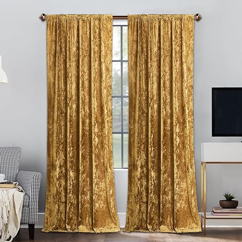 PLODAXE 2er Set Samtvorhang Kräuselband, Luxus Vorhänge Verdunkelung Samt, Velvet Gardinen Blackout Curtains mit Eisblumen Muster, Thermovorhang Wohnzimmer Schlafzimmer H225xB140CM, Gold von PLODAXE