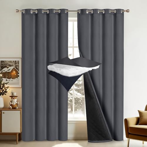 PLODAXE 2er Set Thermovorhang Kälteschutz mit ösen, 405g/m² Wärmeschutzvorhang Thermo Vorhang Gegen Kälte, Dicker Kälteschutzvorhang für Schlafzimmer Wohnzimmer Balkon(H160xB132CM,Grau 2-teilig) von PLODAXE