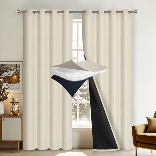PLODAXE 2er Set Thermovorhang Kälteschutz mit ösen, 405g/m² Wärmeschutzvorhang Thermo Vorhang Gegen Kälte, Dicker Kälteschutzvorhang für Schlafzimmer Wohnzimmer Balkon(H213xB132CM,Beige 2-teilig) von PLODAXE