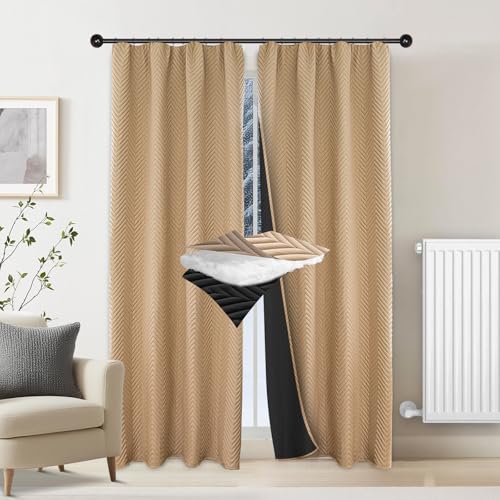PLODAXE Thermovorhang Kälteschutz Kräuselband 2er Set, Verdickung Wärmeschutzvorhang, Verdunklungsvorhänge Wärmeisolierend Gegen Kälte für Schlafzimmer Wohnzimmer(H175xB140cm,Beige 2-teilig) von PLODAXE