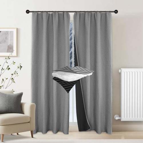 PLODAXE Thermovorhang Kälteschutz Kräuselband 2er Set, Verdickung Wärmeschutzvorhang, Verdunklungsvorhänge Wärmeisolierend Gegen Kälte für Schlafzimmer Wohnzimmer(H175xB140cm,Grau 2-teilig) von PLODAXE