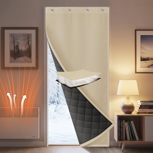 PLODAXE Türvorhang Kälteschutz Selbstklebend, Wasserdicht Dicker Wärmeschutzvorhang Tür Thermovorhang mit Ösen, 1 Stück, Gegen Kälte und Hitzen für Haustür, Schlafzimmer(Beige, B82xH204cm) von PLODAXE